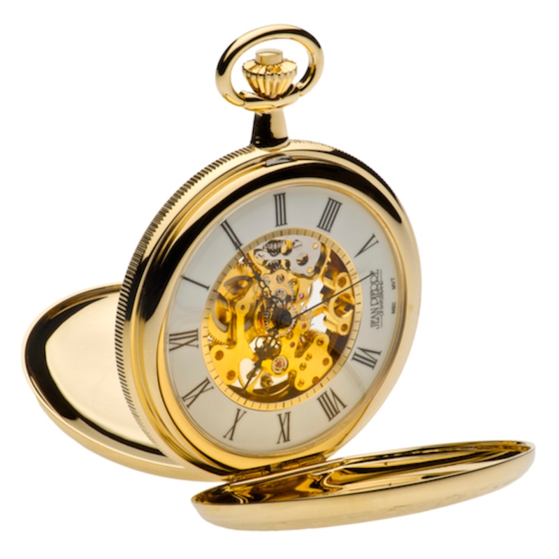 Jean Pierre Gold-Plated Double Hunter Skeleton Pocket Watch