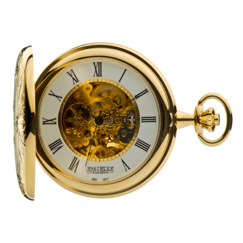 Jean Pierre Gold-Plated Double Hunter Skeleton Pocket Watch