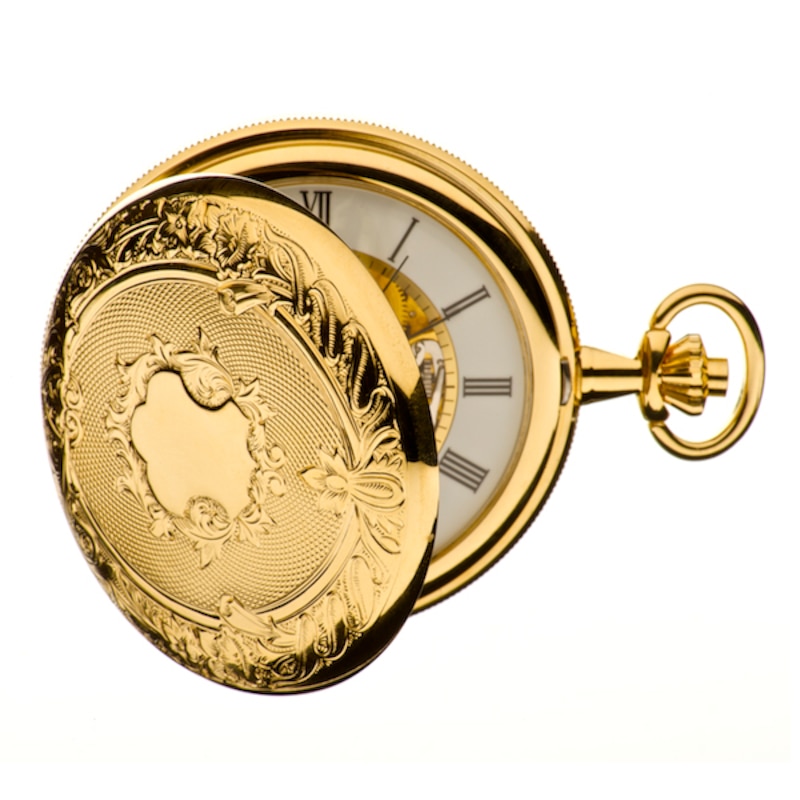 Jean Pierre Gold-Plated Double Hunter Skeleton Pocket Watch