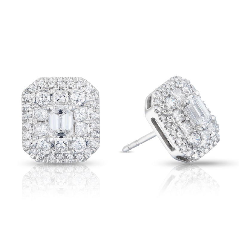 Platinum 1ct Diamond Emerald-Cut Cluster Stud Earrings