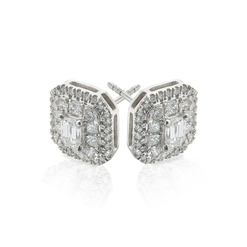 Platinum 1ct Diamond Emerald-Cut Cluster Stud Earrings