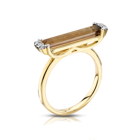 9ct Yellow Gold Diamond Smokey Quartz Baguette Ring
