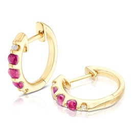 9ct Yellow Gold Diamond & Ruby Hoop Earrings