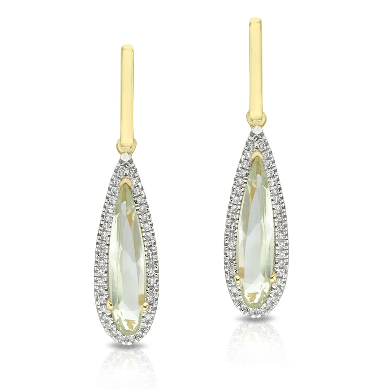 Main Image 1 of 9ct Yellow Gold Green Amethyst 0.15ct Diamond Drop Earrings