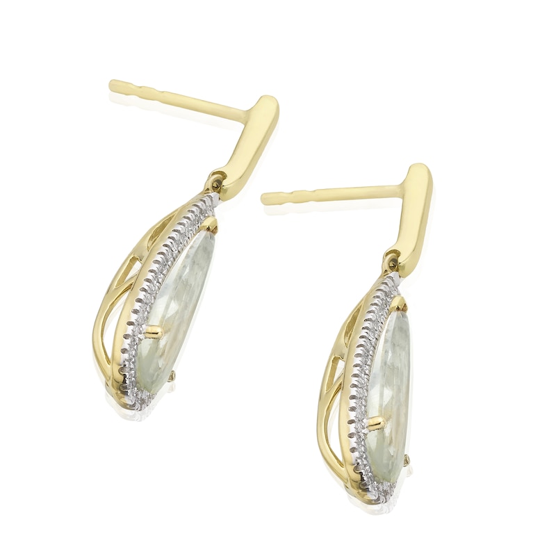 Main Image 3 of 9ct Yellow Gold Green Amethyst 0.15ct Diamond Drop Earrings