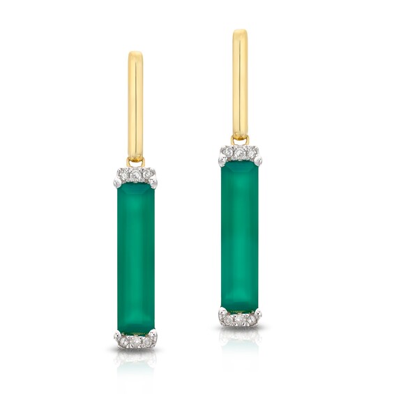 9ct Yellow Gold Diamond & Green Onyx Drop Earrings