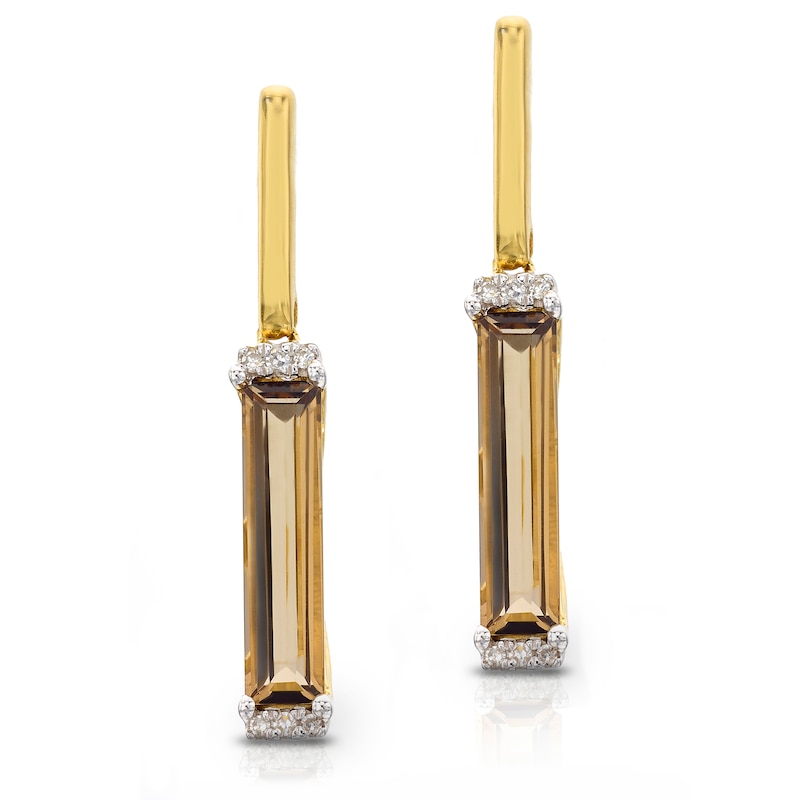 Main Image 1 of 9ct Yellow Gold Diamond Smokey Quartz Baguette Earrings