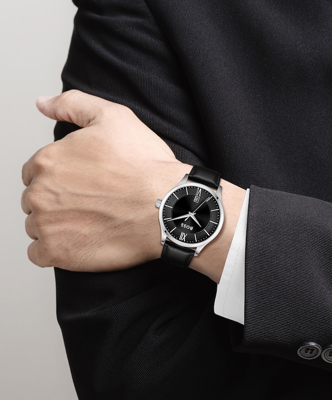 BOSS Elite Men's Black Leather Strap Watch