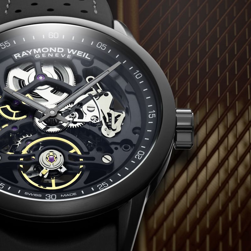 Raymond Weil Freelancer Skeleton Black Rubber Strap Watch