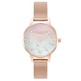 Olivia Burton Sparkle Butterfly Rose Gold Tone Mesh Watch