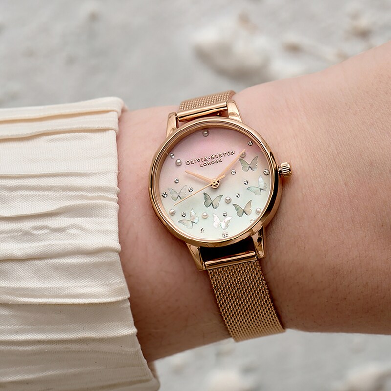 Main Image 3 of Olivia Burton Sparkle Butterfly Rose Gold Tone Mesh Watch