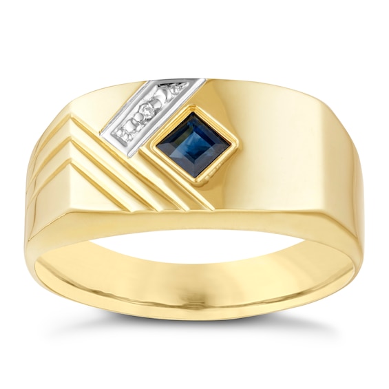 9ct Yellow Gold Mens Diamond and Sapphire Ring