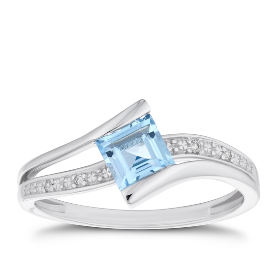 9ct White Gold Blue Topaz and Diamond Square Twist Ring