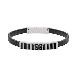 Emporio Armani Black Leather & Stainless Steel Bracelet