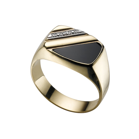 Mens 9ct Gold Diamond and Onyx Signet Ring