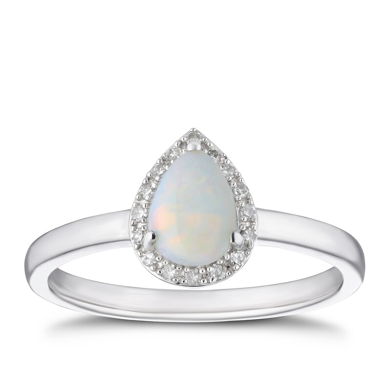 9ct White Gold Opal & Diamond Pear Halo Ring