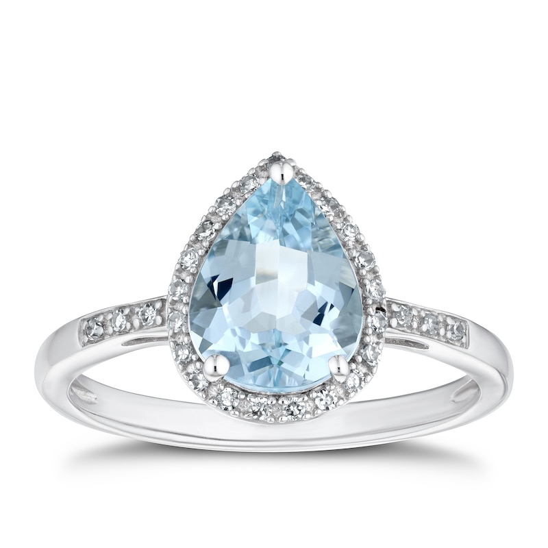 9ct White Gold Aquamarine & 0.10ct Diamond Pear Ring