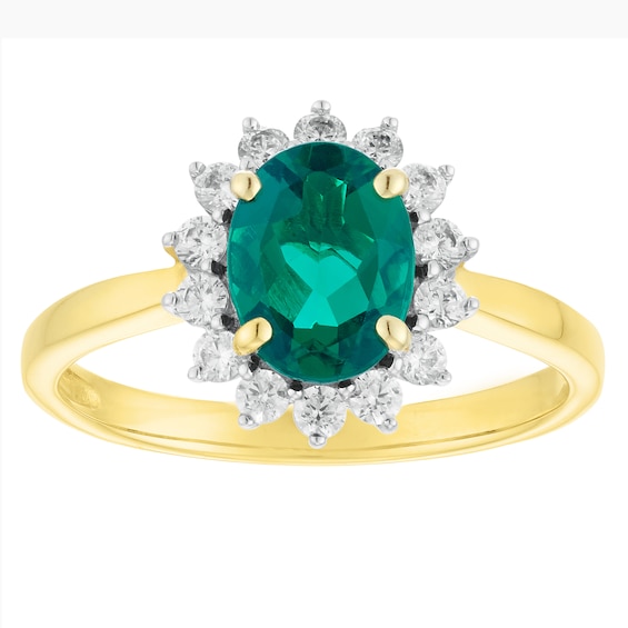 9ct Gold Created Emerald and Cubic Zirconia Halo Ring
