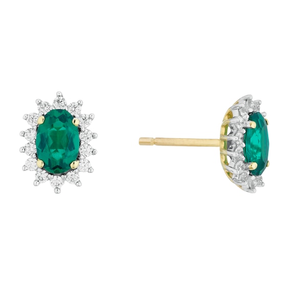 9ct Gold Created Emerald And Cubic Zirconia Earrings