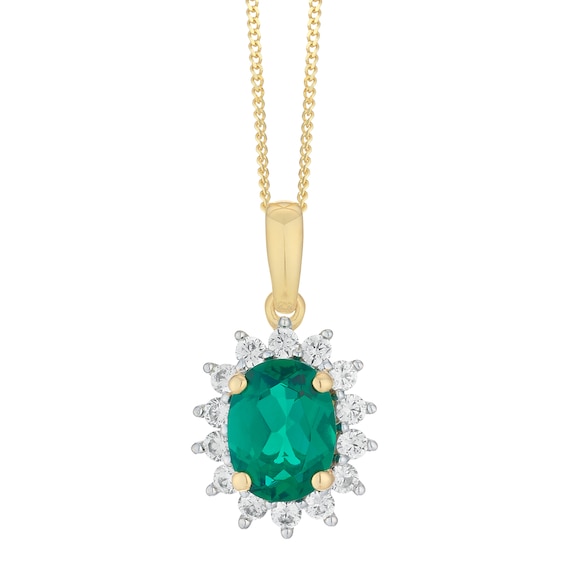 9ct Gold Created Emerald And Cubic Zirconia Cluster Pendant