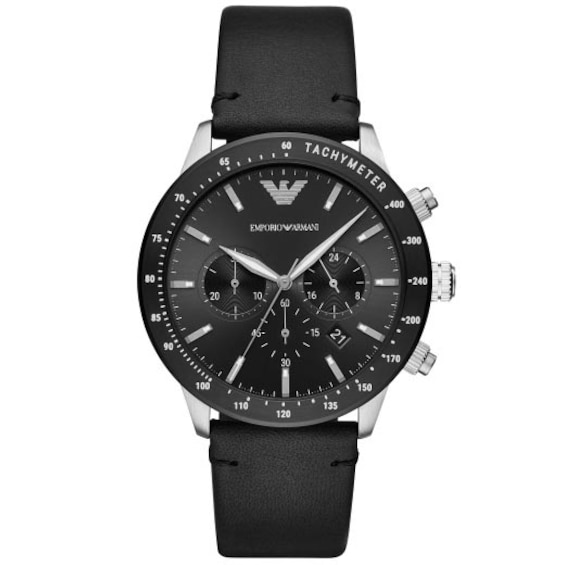 Emporio Armani Mens Black Chrono Dial Black Leather Strap Wa