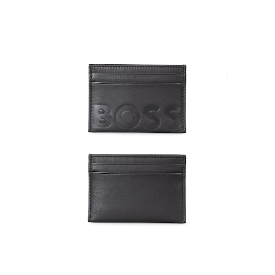 BOSS Men’s Embossed Black Leather Logo Card Holder