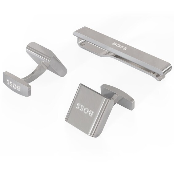 BOSS Men's Silver Tone Cufflinks & Tie Clip Gift Set Ernest Jones