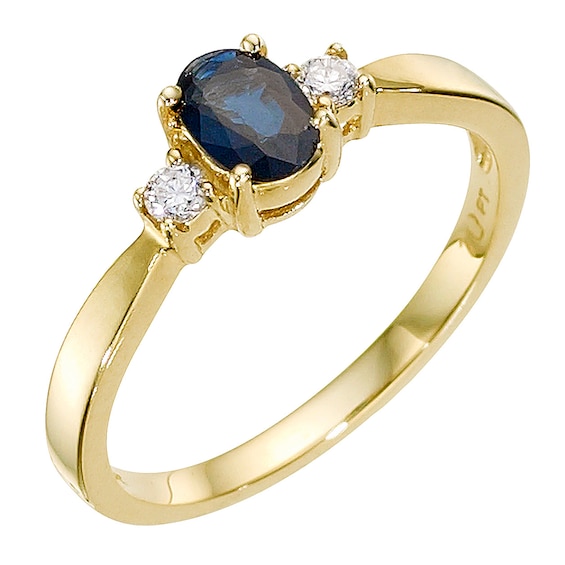 9ct Yellow Gold Oval Cut Sapphire and 0.10ct Diamond Ring
