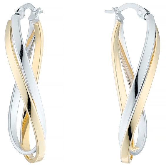 9ct Yellow & White Gold Double Row Twist Hoop Earrings