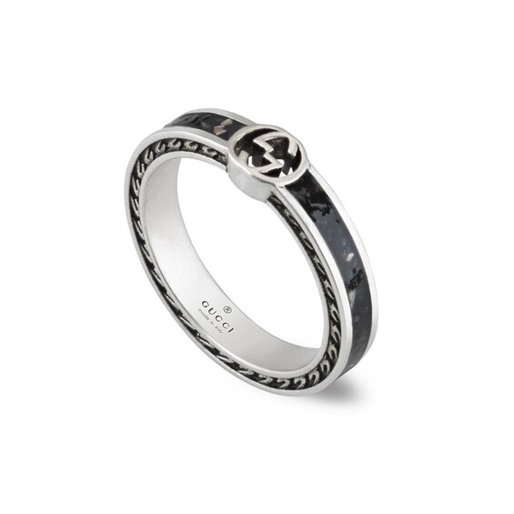 Gucci Interlocking G Sterling Silver & Black Enamel Q Ring