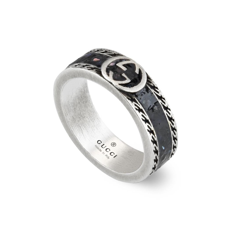 Gucci Interlocking G Sterling Silver & Enamel Wide Ring Size R