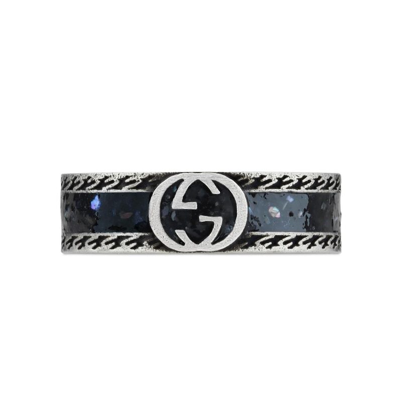 Gucci Interlocking G Sterling Silver & Enamel Wide Ring Size R
