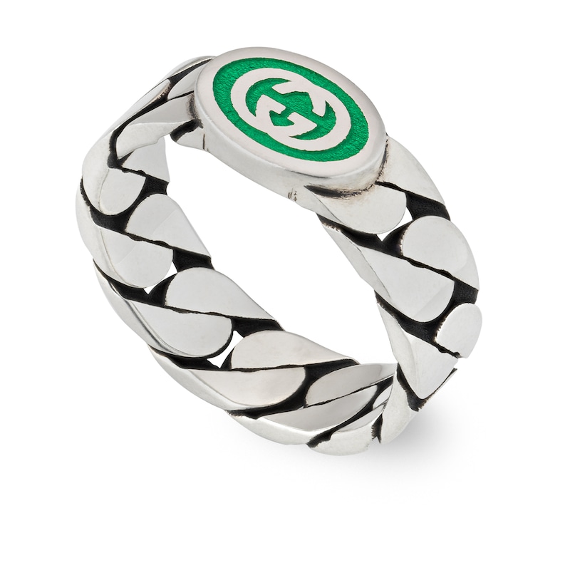 Main Image 1 of Gucci Interlocking Sterling Silver & Green Enamel Ring (Size R)