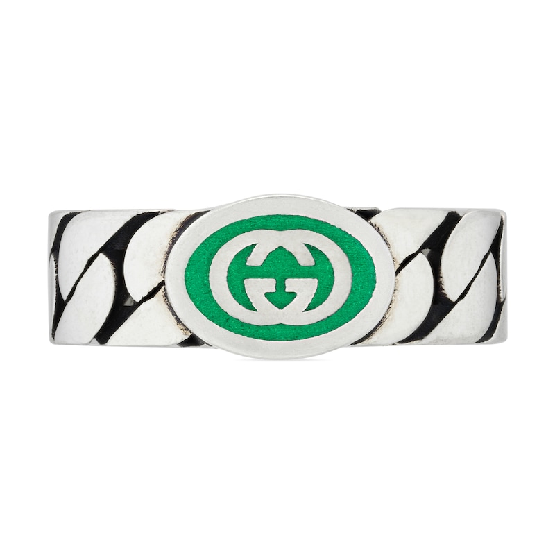 Main Image 2 of Gucci Interlocking Sterling Silver & Green Enamel Ring (Size R)