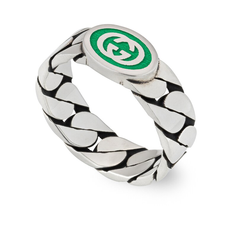 Main Image 1 of Gucci Interlocking Sterling Silver & Green Enamel Ring (Size N-O)