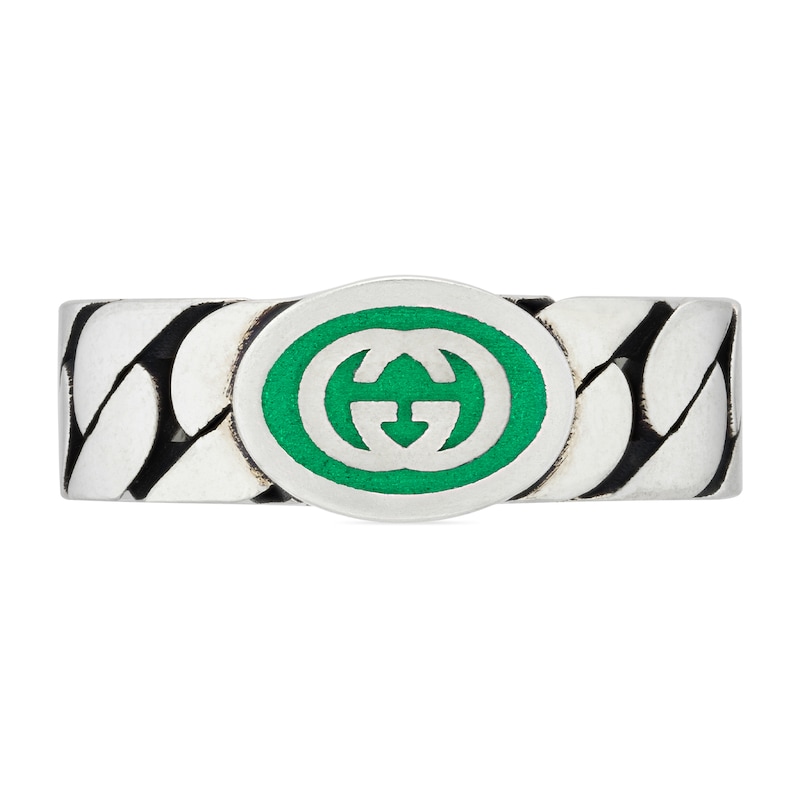 Main Image 2 of Gucci Interlocking Sterling Silver & Green Enamel Ring (Size N-O)