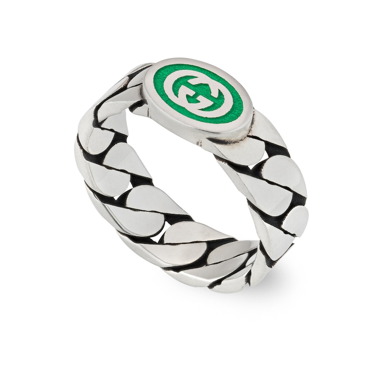 Main Image 1 of Gucci Interlocking Sterling Silver & Green Enamel Ring (Size Q)