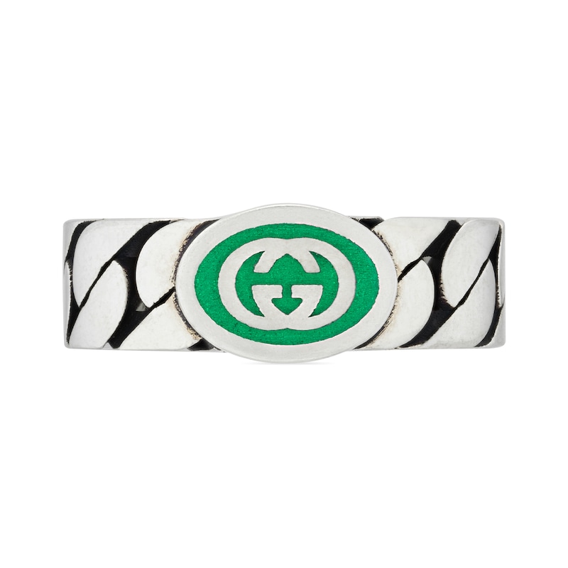 Main Image 2 of Gucci Interlocking Sterling Silver & Green Enamel Ring (Size Q)
