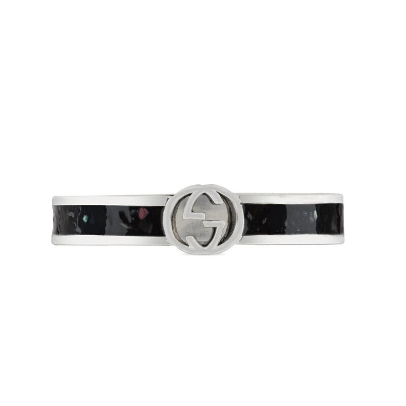 Gucci Interlocking G Sterling Silver & Black Enamel Slim Ring Size M