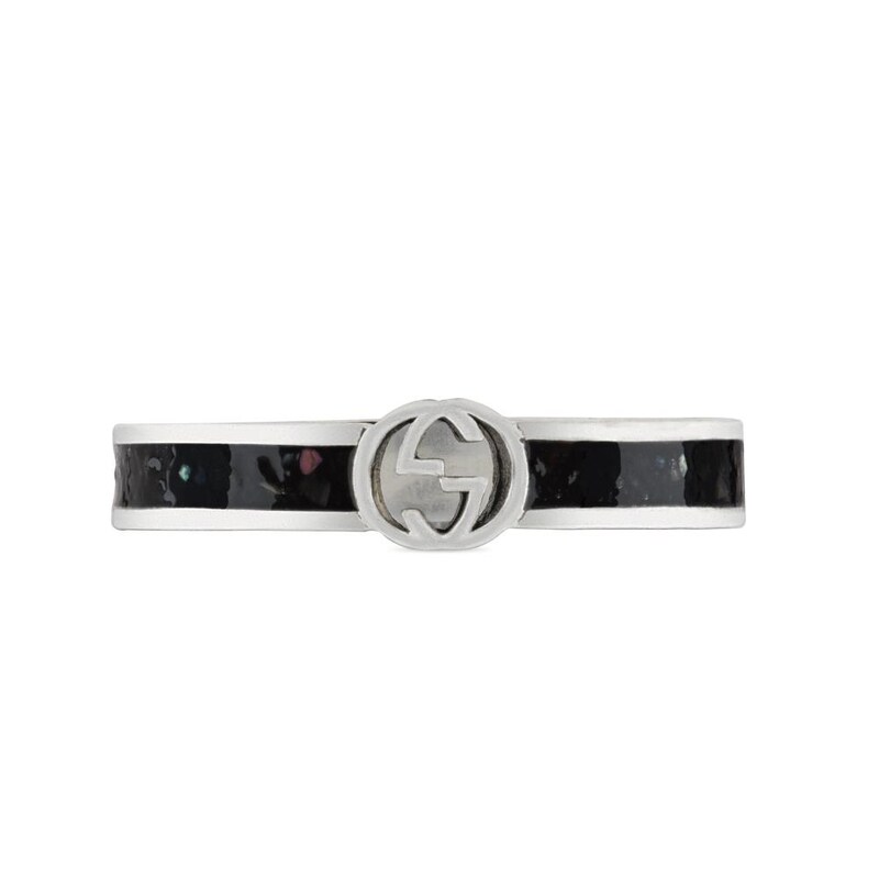 Gucci Interlocking Sterling Silver & Black Enamel Slim Ring Size M