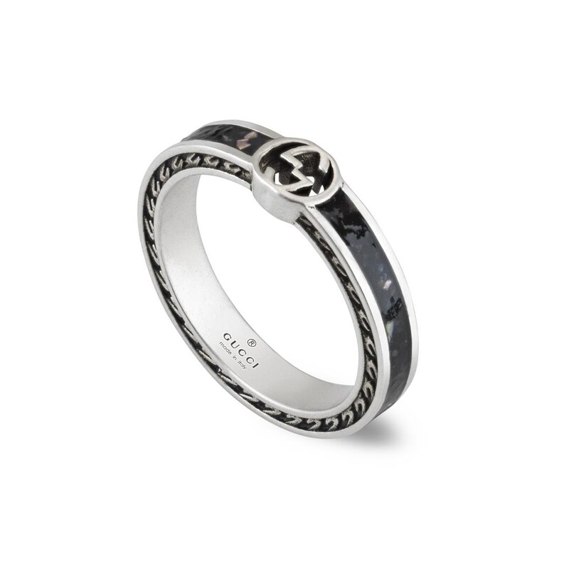 Gucci Interlocking G Sterling Silver & Black Enamel Slim Ring Size P