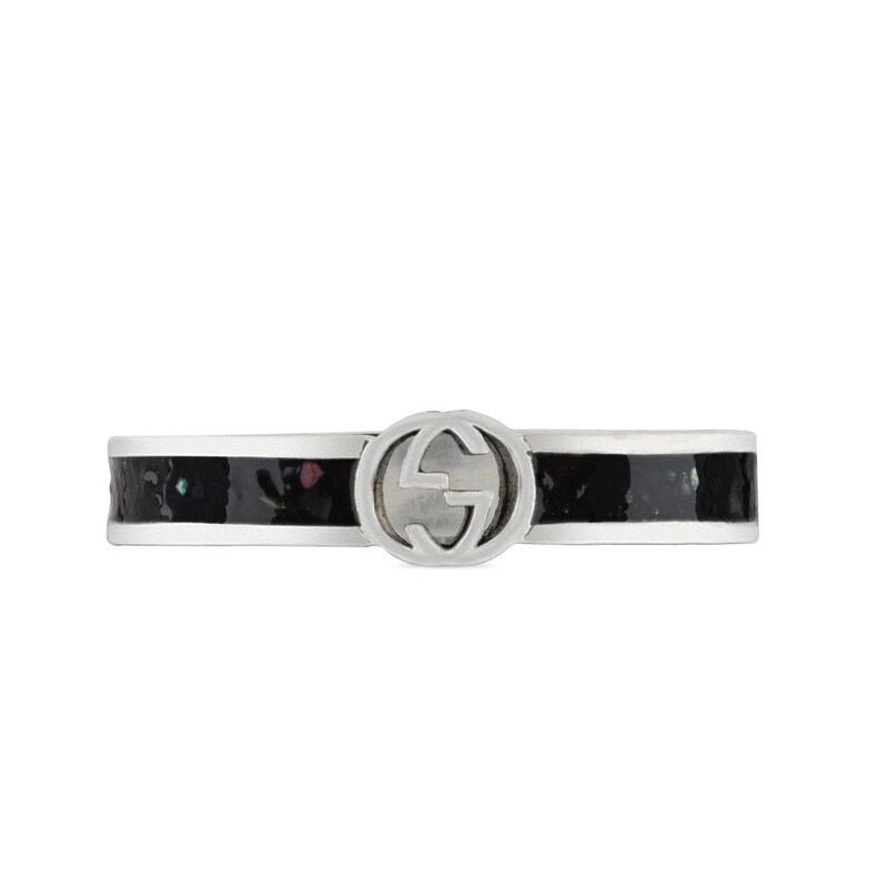 Gucci Interlocking G Sterling Silver & Black Enamel Slim Ring Size P
