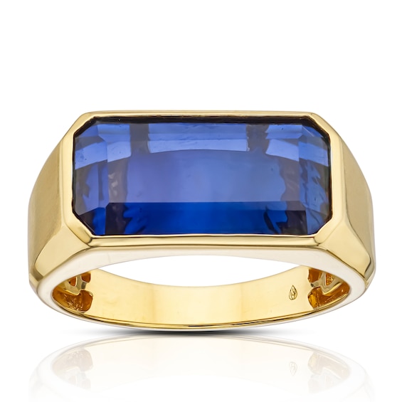 9ct Yellow Gold Mens Created Sapphire Oblong Signet Ring