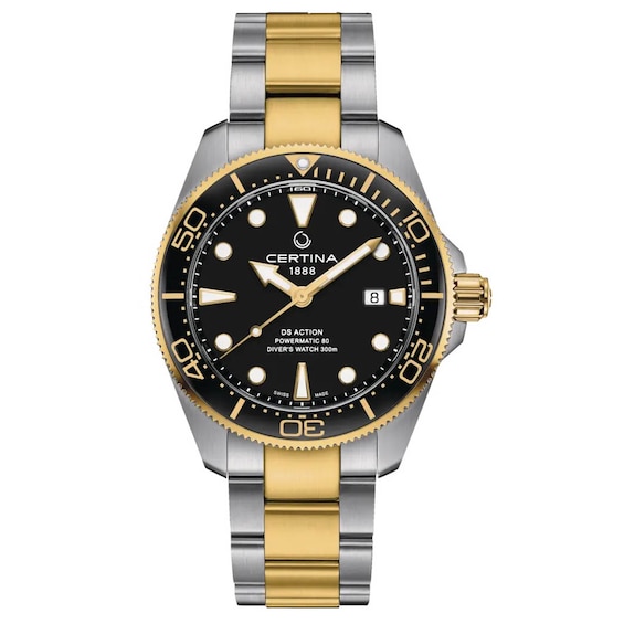 Men's Certina Ds Action Diver 43Mm Black Dial Two Tone Bracelet Watch