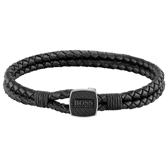 BOSS Seal Men’s Black Leather Bracelet