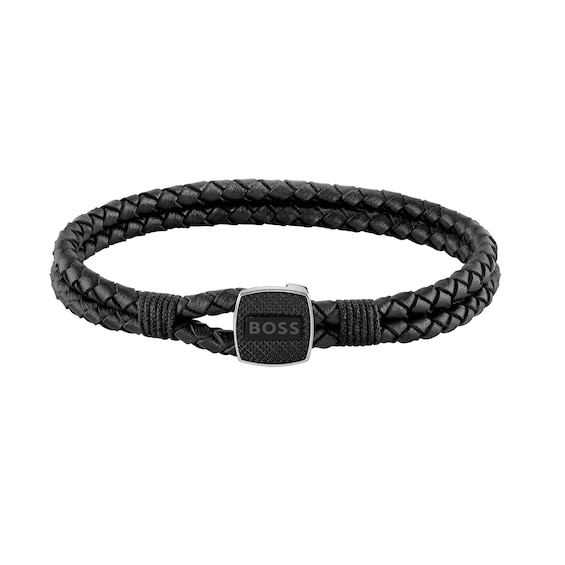 BOSS Seal Men’s Black Leather Bracelet