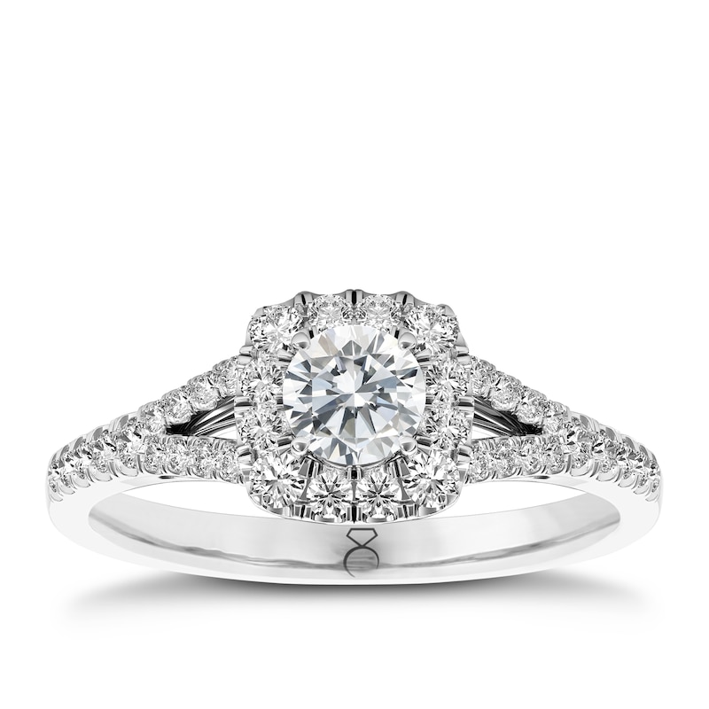 The Diamond Story Platinum 0.50ct Diamond Cushion Halo Ring