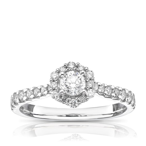 Engagement Ring 18ct White Gold Floral Halo 0.62ct Diamond Ring