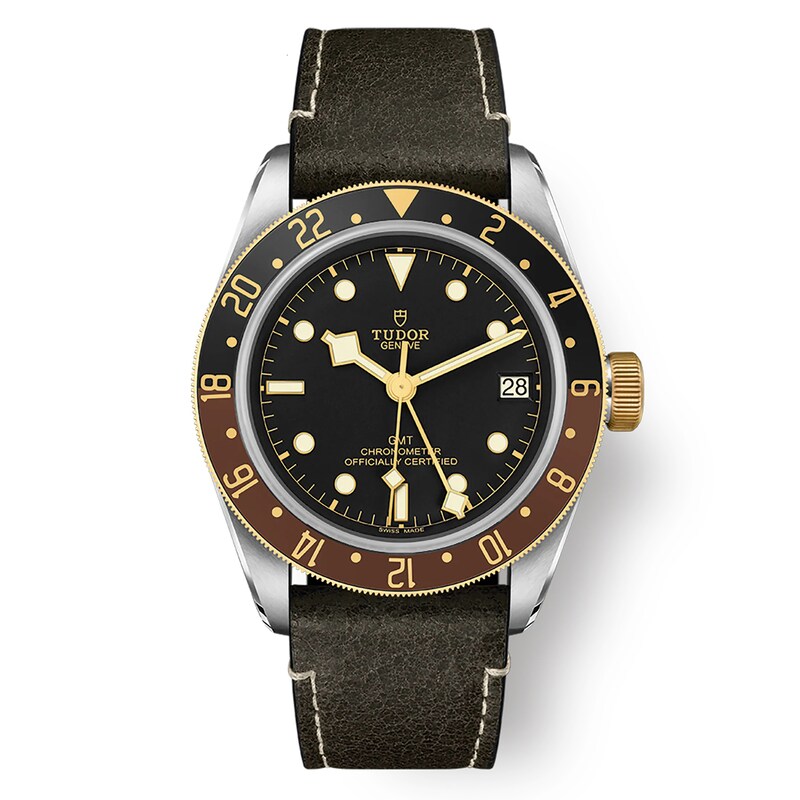 Tudor Black Bay GMT S & G Men's Black Leather Strap Watch