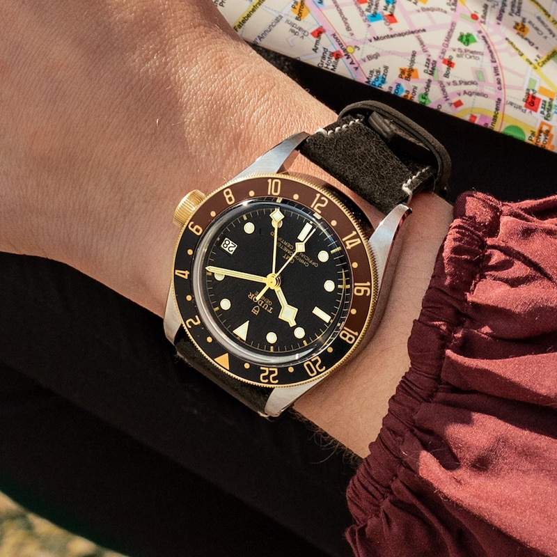 Tudor Black Bay GMT S & G Men's Black Leather Strap Watch